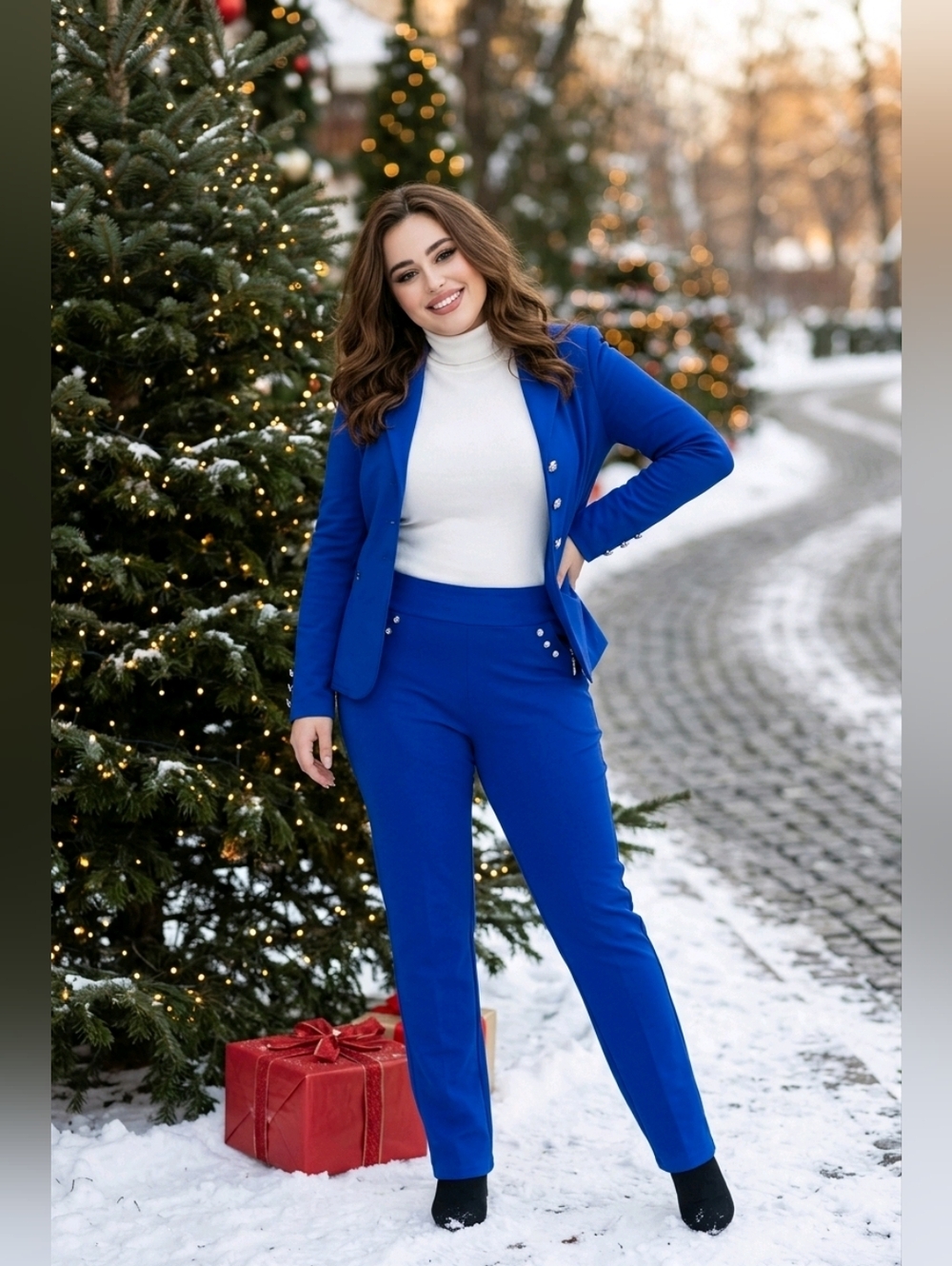 Royal Blue Thermal Leggings L – Soft Fleece Lining & Shiny Button Detail